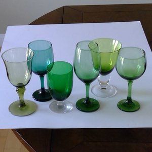 S/6 Mismatched Colorful Emerald Avocado Lime Green Water Goblets Wine Glasses